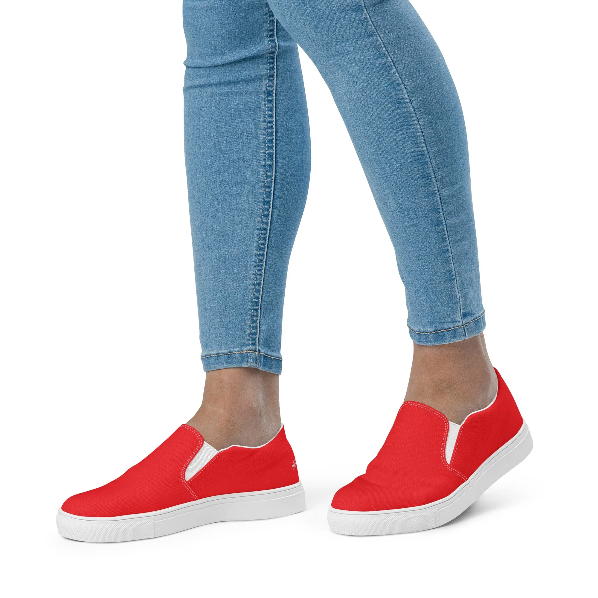 Bright Red Women's Slip Ons, Solid Colorful Red Color Modern Minimalist Women’s Slip-On Canvas Shoes (US Size: 5-12)