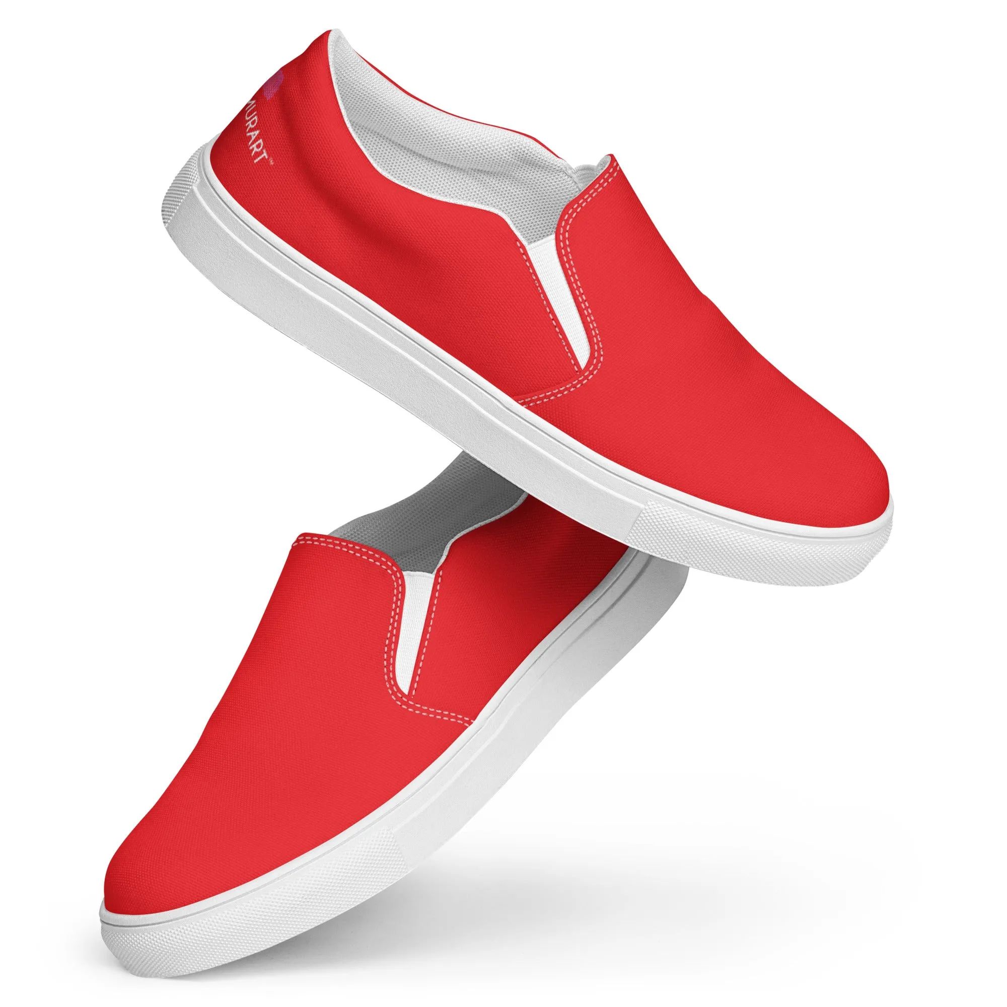Bright Red Women's Slip Ons, Solid Colorful Red Color Modern Minimalist Women’s Slip-On Canvas Shoes (US Size: 5-12)