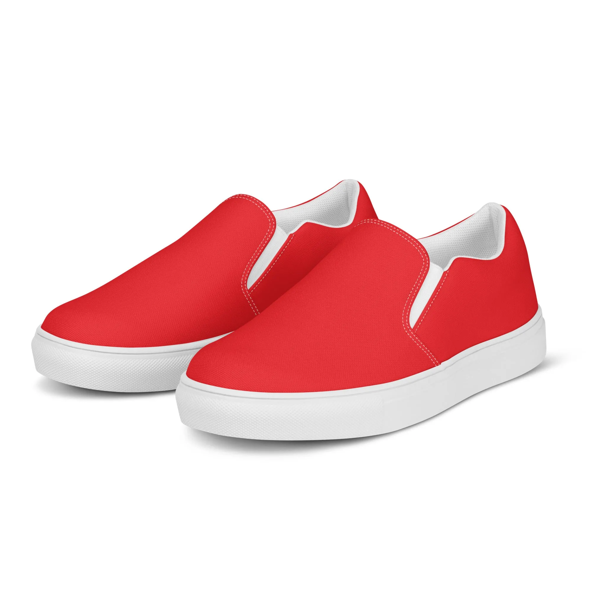 Bright Red Women's Slip Ons, Solid Colorful Red Color Modern Minimalist Women’s Slip-On Canvas Shoes (US Size: 5-12)