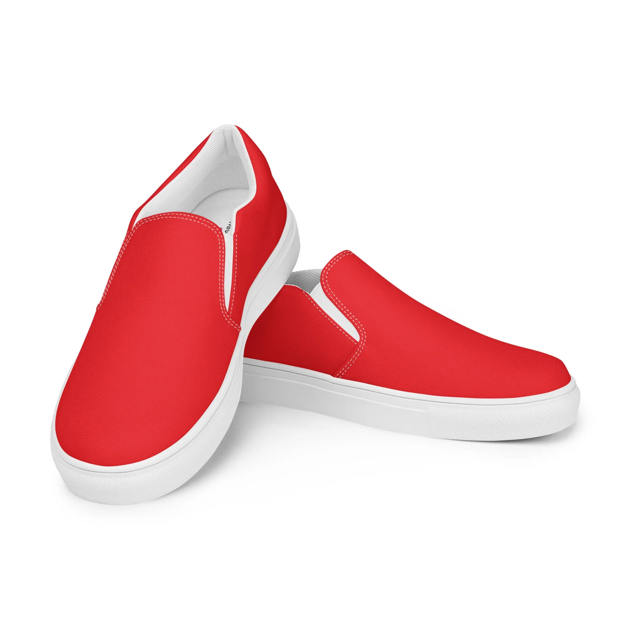 Bright Red Women's Slip Ons, Solid Colorful Red Color Modern Minimalist Women’s Slip-On Canvas Shoes (US Size: 5-12)