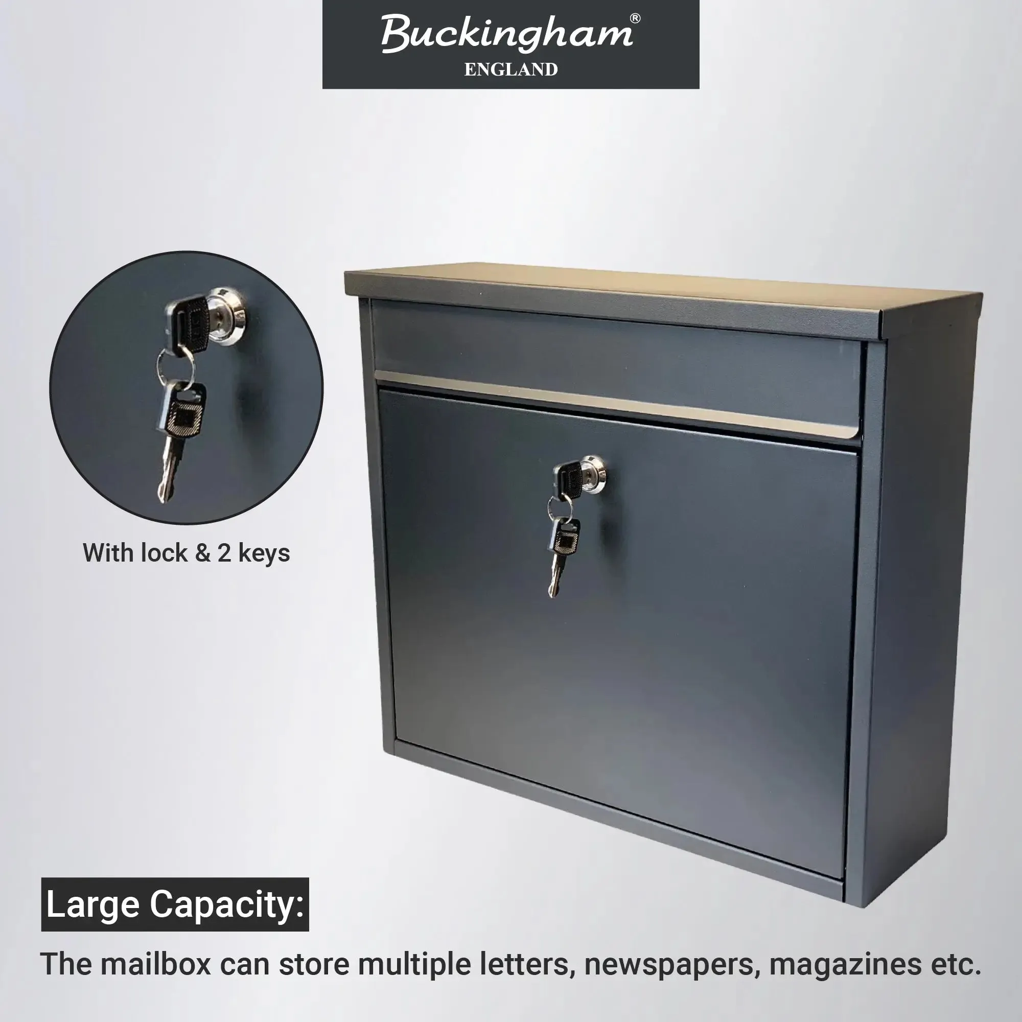 Buckingham Extra Large Wall Mounted Lockable Steel Mailbox Heavy Duty Weather Resistant Post Box with Secure Key Lock Rustproof Powder Coated Finish Ideal for Outdoor Home or Office Use (Premium Black)