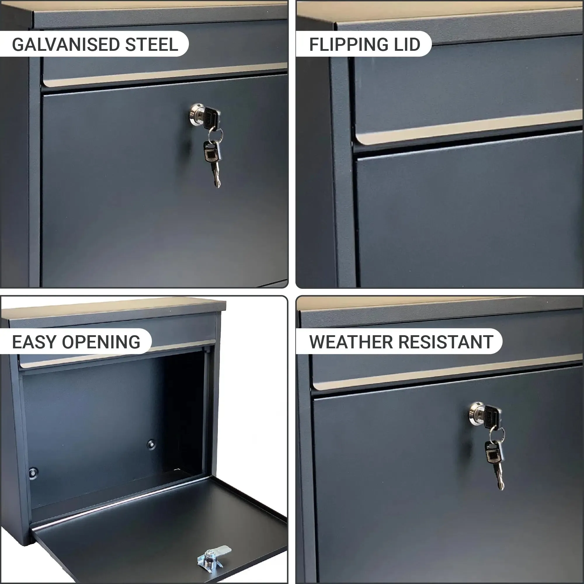Buckingham Extra Large Wall Mounted Lockable Steel Mailbox Heavy Duty Weather Resistant Post Box with Secure Key Lock Rustproof Powder Coated Finish Ideal for Outdoor Home or Office Use (Premium Black)