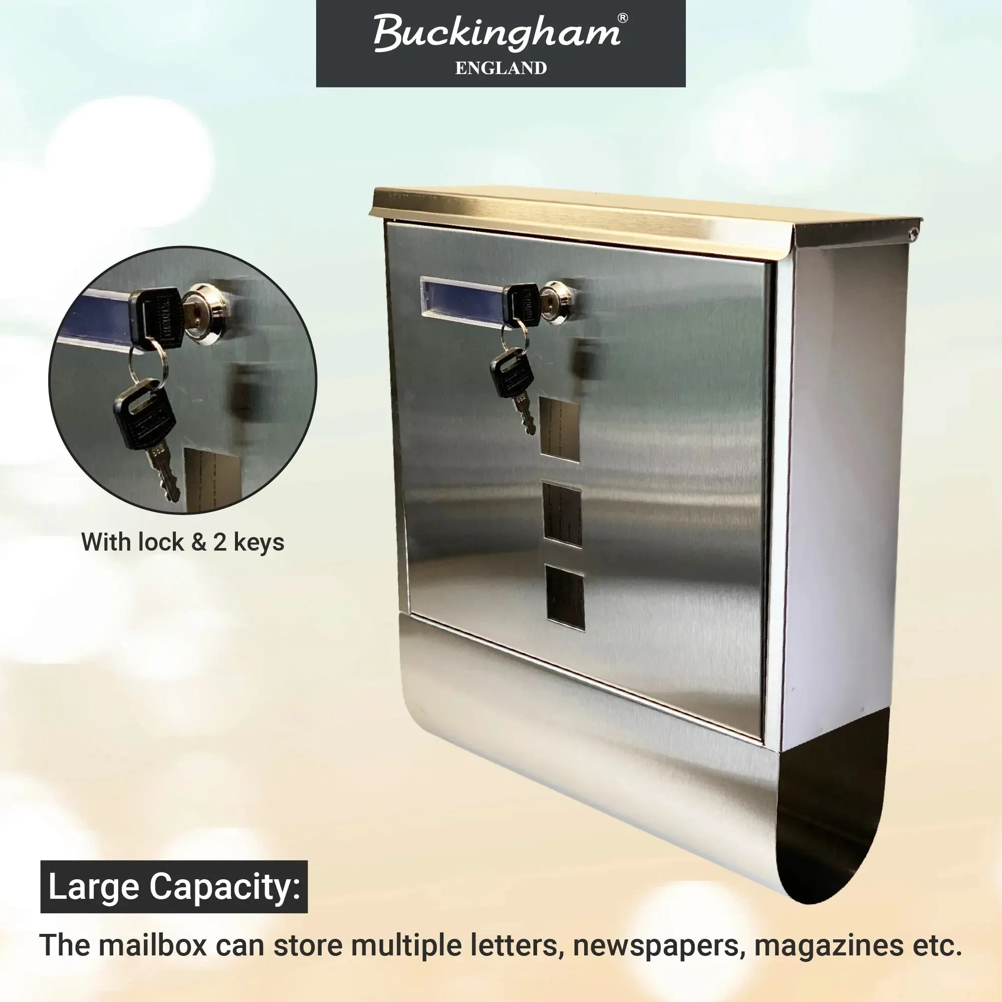 Buckingham Wall Mounted Large Stainless Steel Lockable Mail Box Post Letter Box Newspaper Box Slot Premium
