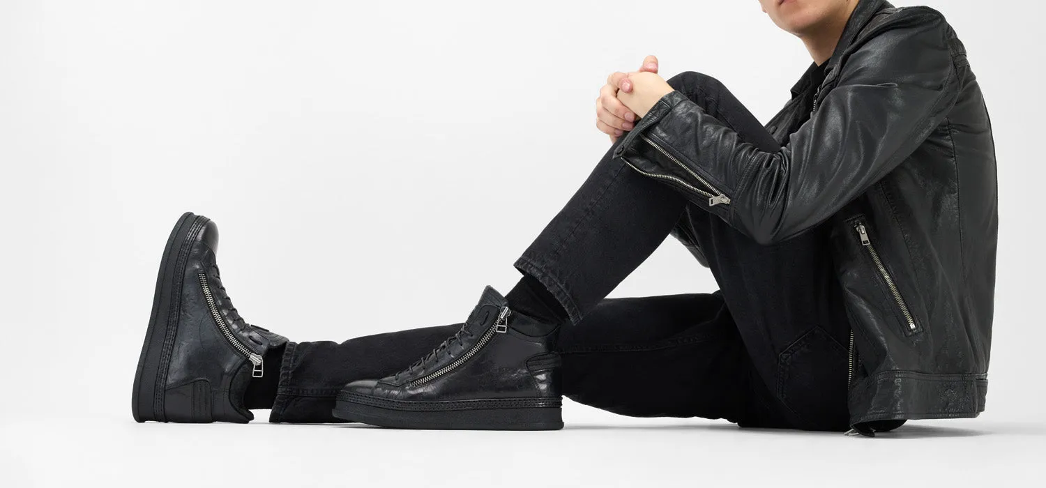 COLE rugged-black double-zip welted high sneakers.