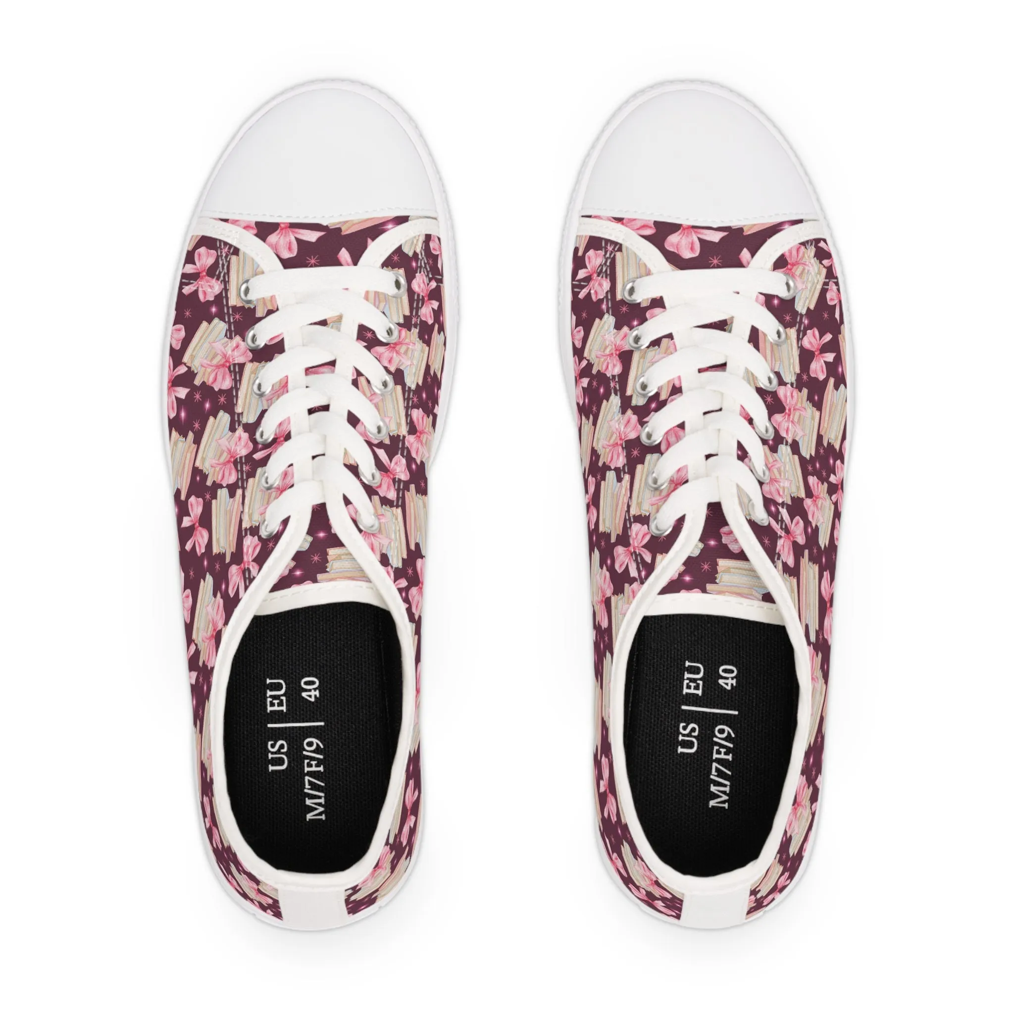 Coquette Pink Bows & Books Sneakers Step Out in Style with Stunning USA Symbol! Perfect for Everyday Wear and Proud Americans. Durable, High-Quality Footwear Everyday Activities