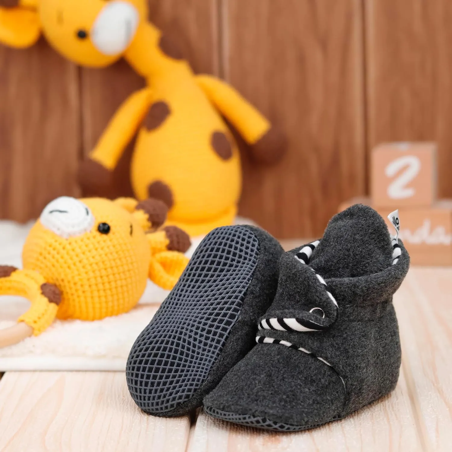 Ella Bonna Fleece Baby Booties, Three Snap Baby Slippers, Unisex Baby Gifts, Non-Slip Newborn Booties for Boys and Girls, Infant Baby Shower Shoes Months