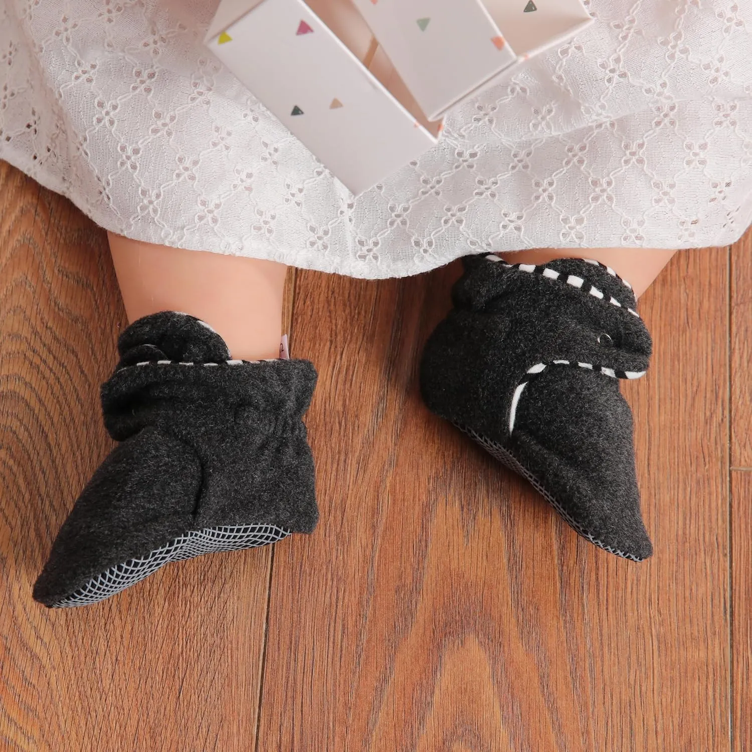 Ella Bonna Fleece Baby Booties, Three Snap Baby Slippers, Unisex Baby Gifts, Non-Slip Newborn Booties for Boys and Girls, Infant Baby Shower Shoes Months
