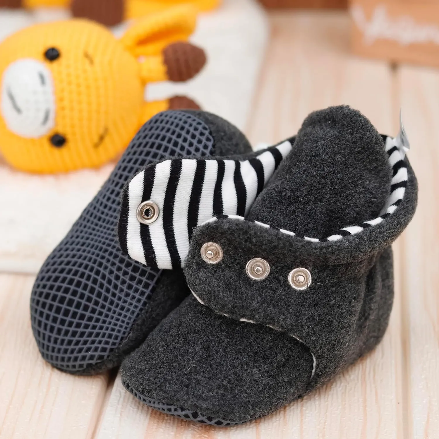 Ella Bonna Fleece Baby Booties, Three Snap Baby Slippers, Unisex Baby Gifts, Non-Slip Newborn Booties for Boys and Girls, Infant Baby Shower Shoes Months