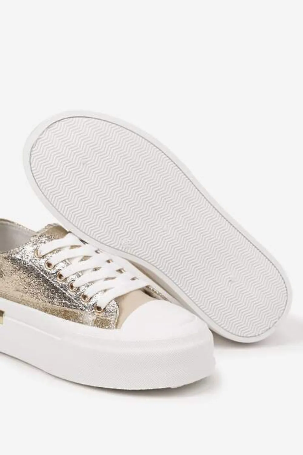 GOLD LACE UP HEART DETAIL CHUNKY STYLISH FLAT TRAINERS