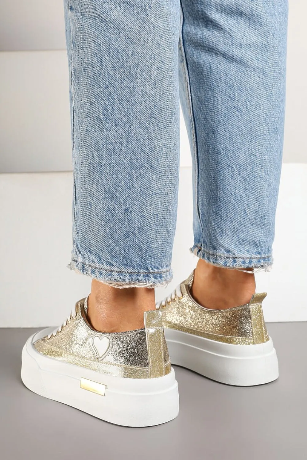GOLD LACE UP HEART DETAIL CHUNKY STYLISH FLAT TRAINERS