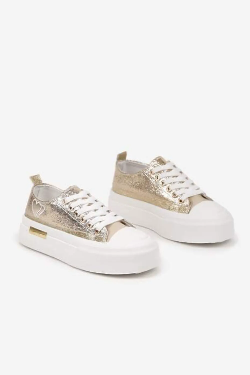 GOLD LACE UP HEART DETAIL CHUNKY STYLISH FLAT TRAINERS