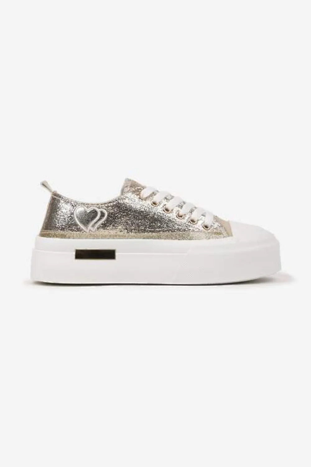 GOLD LACE UP HEART DETAIL CHUNKY STYLISH FLAT TRAINERS