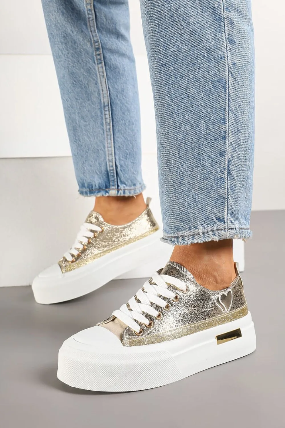 GOLD LACE UP HEART DETAIL CHUNKY STYLISH FLAT TRAINERS
