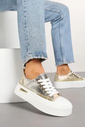 GOLD LACE UP HEART DETAIL CHUNKY STYLISH FLAT TRAINERS