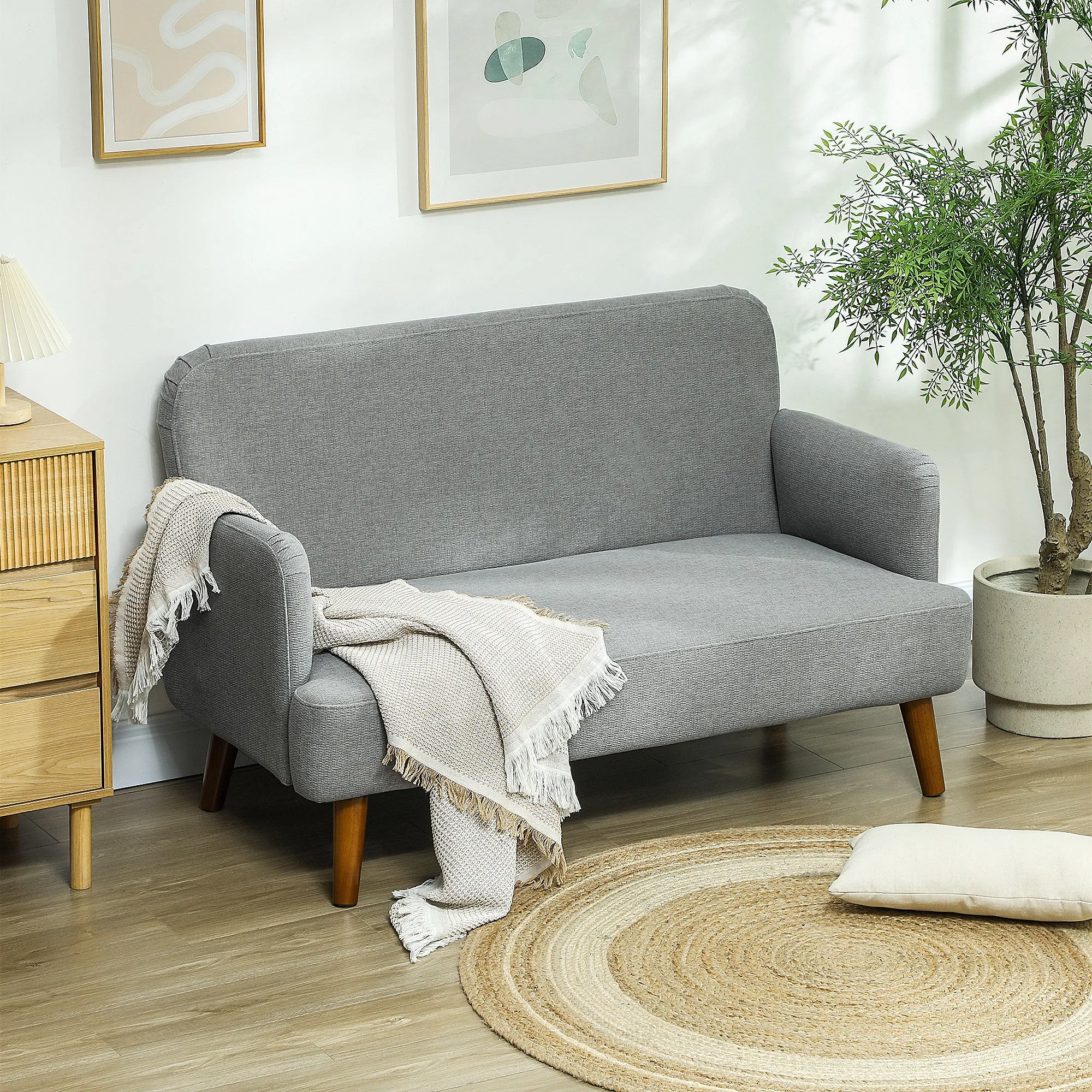 HOMCOM Velvet Feel Fabric 2 Seater Sofa, Small Sofa Loveseat with 21cm Thick Padding and Wood Legs, Grey