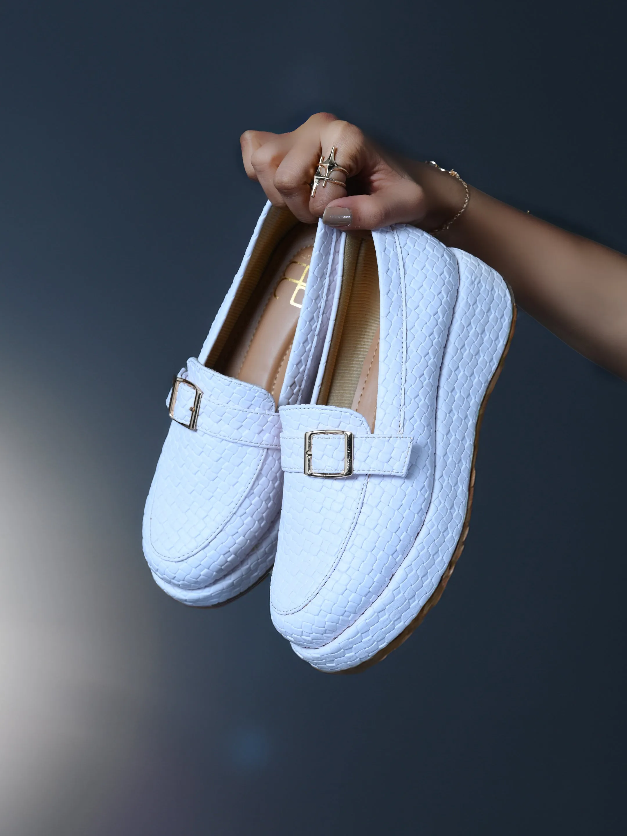 Retrro Textured Vegan Leather Slip-On White Loafers