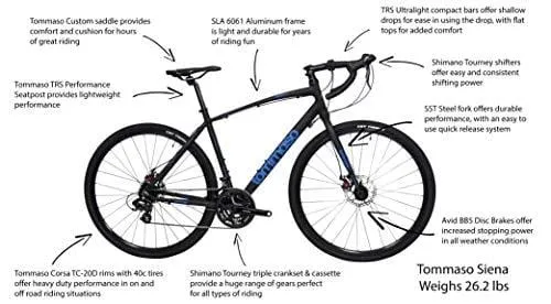 Tommaso Siena - Shimano Tourney Gravel Adventure Bike with Disc Brakes, Extra Wide Tires, Perfect for Road Or Dirt Touring, Matte Black - Medium