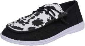 Unisex-Adult Cow Print Loafers Comfortable Boat Shoes Easy Slip On Lightweight Deck Shoes Elastic Laces Outdoor Slip On Flat Shoes Breathable Canvas Shoes Sneakers for Men Women, Black